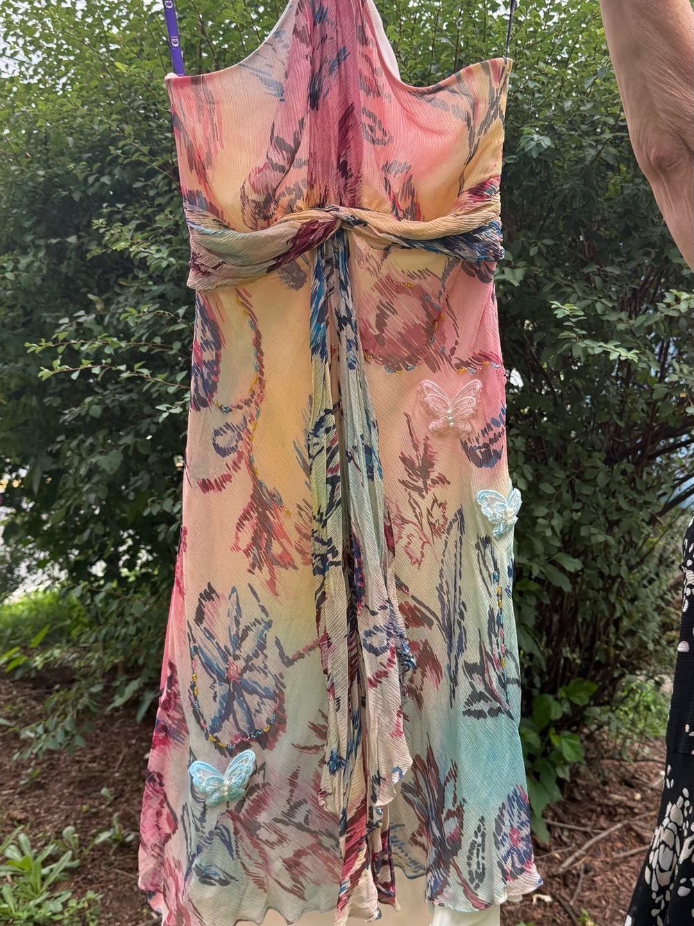 Multicolor Floral Chiffon Silk Dress with Butterfly Accents- Beaded